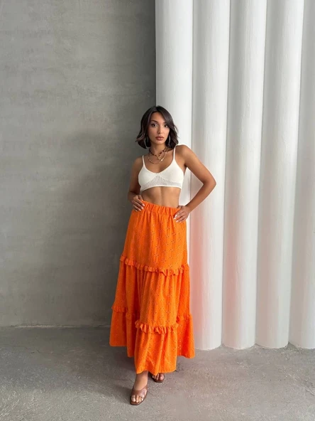 Fırfırlı brodeli astarlı uzun etek tcu s255047 - Resim 2