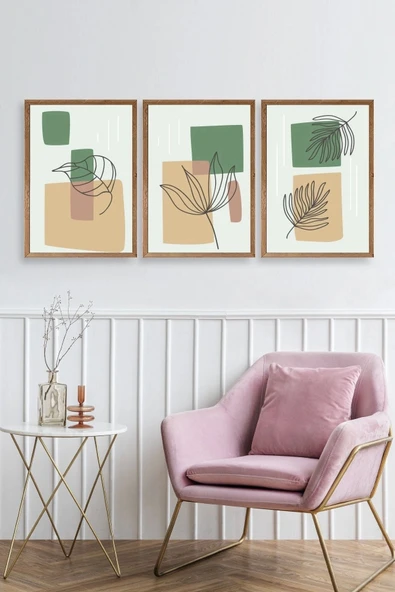 Çiçek Desenli Üçlü Ahşap Çerçeveli Tablo 30 x 42 - Resim 2