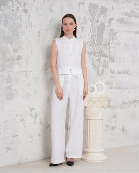 Broşlu yelek pantolon takım beyaz s255821 - Resim 5