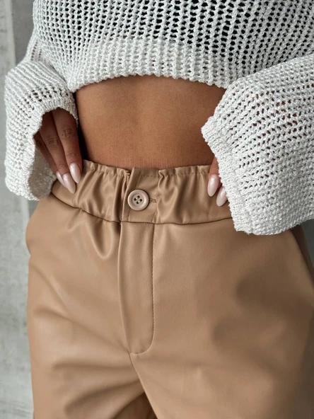 Beli lastikli duble paça deri şort bej w24755 - Resim 6