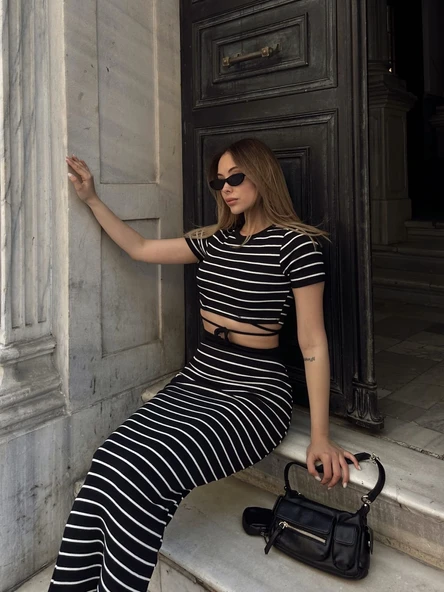 Çizgili etekli takım siyah s3609 - Resim 5