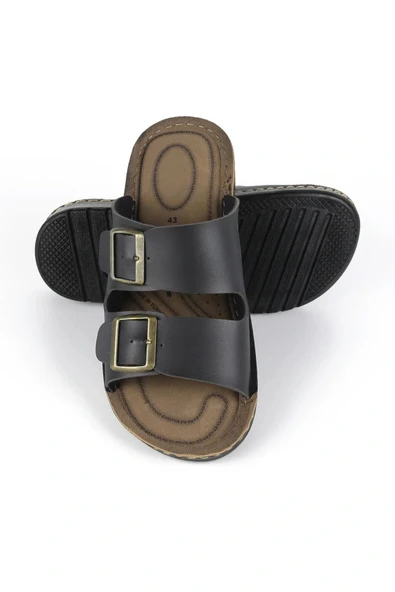 Lugmo Suni Deri Eva Terlik Dikişli Metal Çift Tokalı Erkek Konfort Hafif Kaymaz Siyah - Resim 3