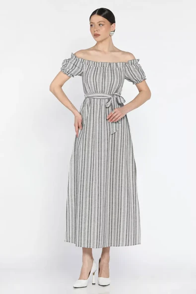 Madonna yaka midi yırtmaçlı kuşaklı keten elbise - Resim 2