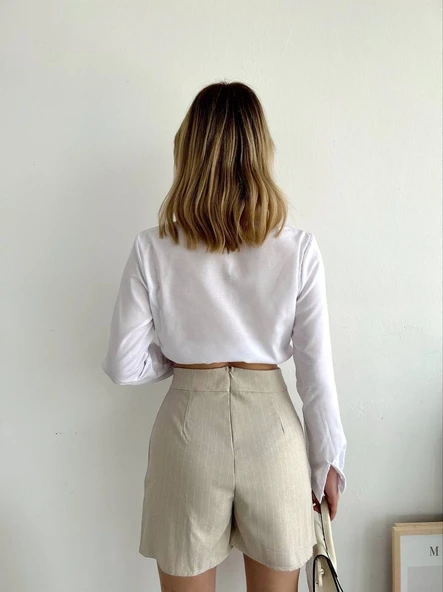 Zincir detaylı çizgili şort etek - Resim 3