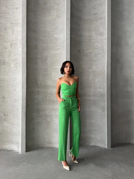 Palazzo pantolonlu alt üst takım yeşil - Resim 6