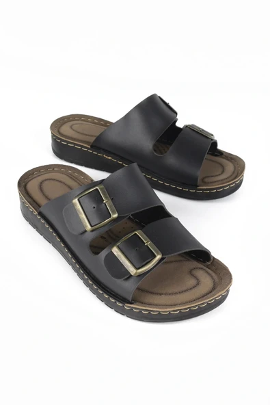 Lugmo Suni Deri Eva Terlik Dikişli Metal Çift Tokalı Erkek Konfort Hafif Kaymaz Siyah ürün görseli 1