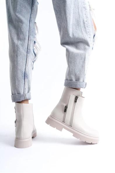 Menta Bej Cilt Fermuar Aksesuarlı Bot - Resim 3