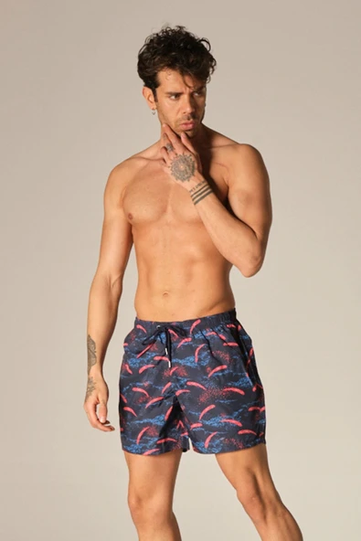 Erkek Deniz Şortu Cepli Polyester Su Yitici Özellik Tahriş Etmeyen Astarlı Lacivert Desenli K-215 ürün görseli 1