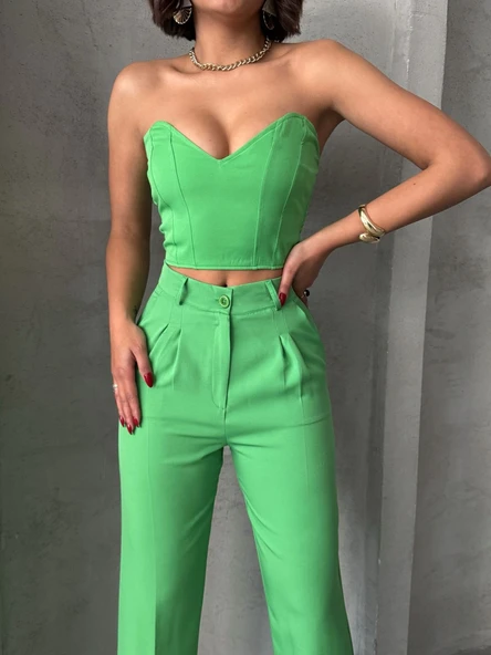 Palazzo pantolonlu alt üst takım yeşil - Resim 4