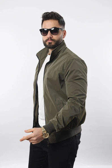 Erkek Gömlek Yaka Baharlık Mont Astarlı Mevsimlik Çeket Haki - Resim 3