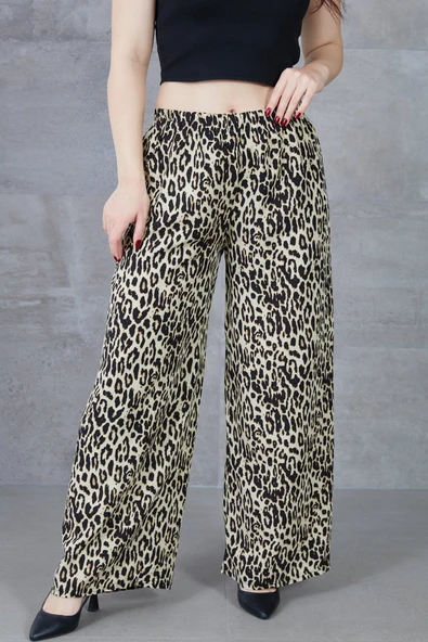 Kadın Leopar Desenli Rahat Kalıp Bol Paça Salaş Pantolon - Resim 3