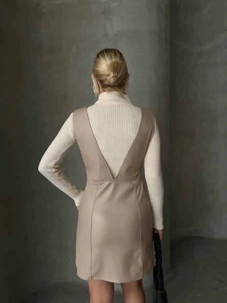 Deri jile elbise bej w24796 - Resim 3