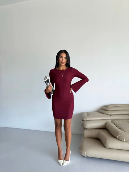 Prenses kol esnek kumaş elbise bordo - Resim 6