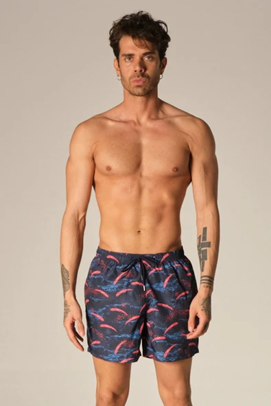 Erkek Deniz Şortu Cepli Polyester Su Yitici Özellik Tahriş Etmeyen Astarlı Lacivert Desenli K-215 - Resim 2