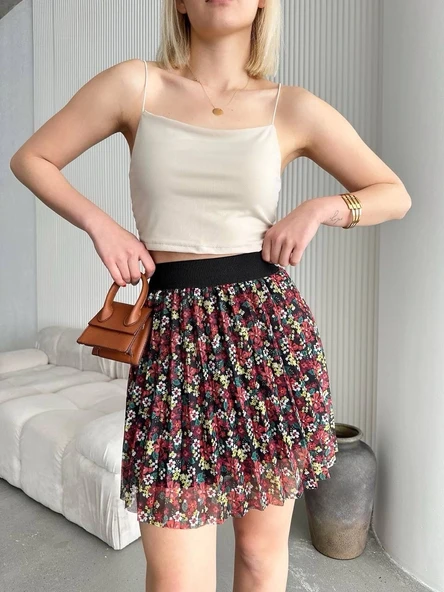 Baskılı astarlı mini etek ürün görseli 1