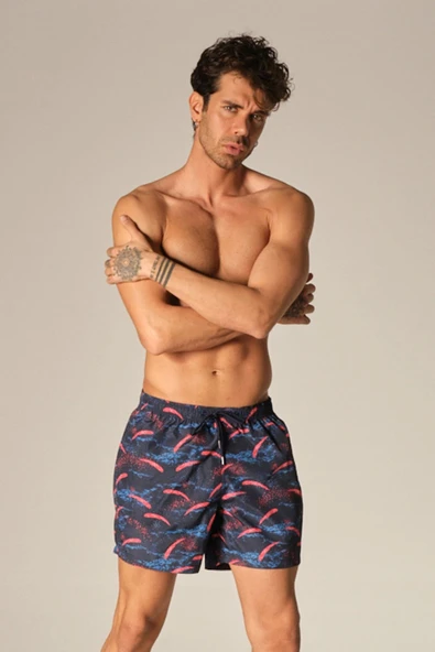 Erkek Deniz Şortu Cepli Polyester Su Yitici Özellik Tahriş Etmeyen Astarlı Lacivert Desenli K-215 - Resim 3