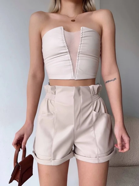 Tüllü deri crop bej w24615 - Resim 2