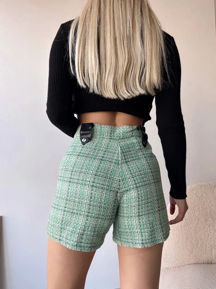 Çıtçıtlı siyah köprü tüvit şort yeşil - Resim 4