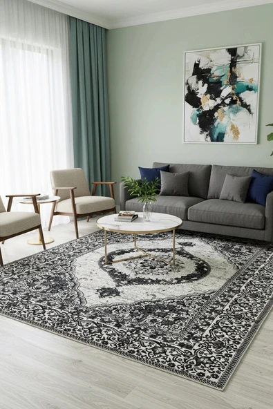 Kilim Savan Çift Taraflı Modern Desenli Yıkanabilir Pamuklu Dokuma 1. Kalite 2x3 Metre Siyah ürün görseli 1