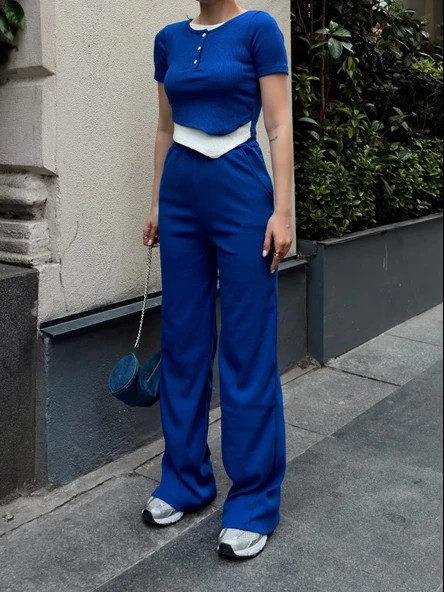 Düğme yakalı saks alt üst takım s3943 - Resim 3