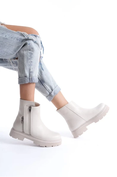 Menta Bej Cilt Fermuar Aksesuarlı Bot - Resim 2