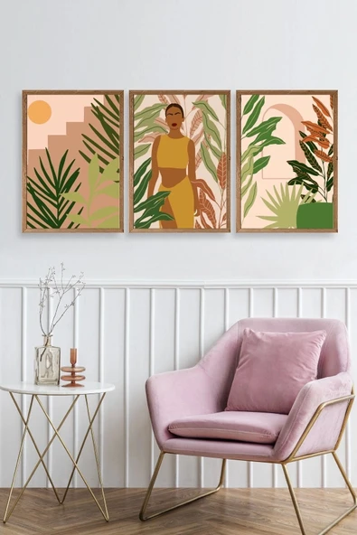 Düşündüren Çiçekli Üçlü Ahşap Çerçeveli Tablo 50 x 70 - Resim 2