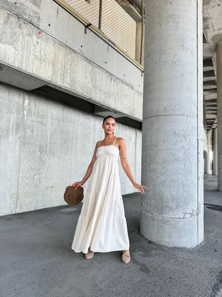 Dantelli askılı keten elbise s4310 ürün görseli 1