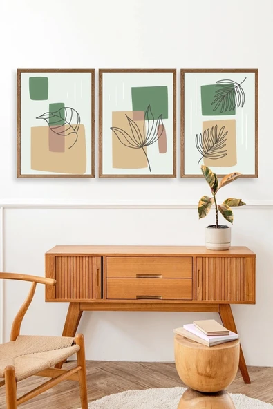 Çiçek Desenli Üçlü Ahşap Çerçeveli Tablo 50 x 70 - Resim 3