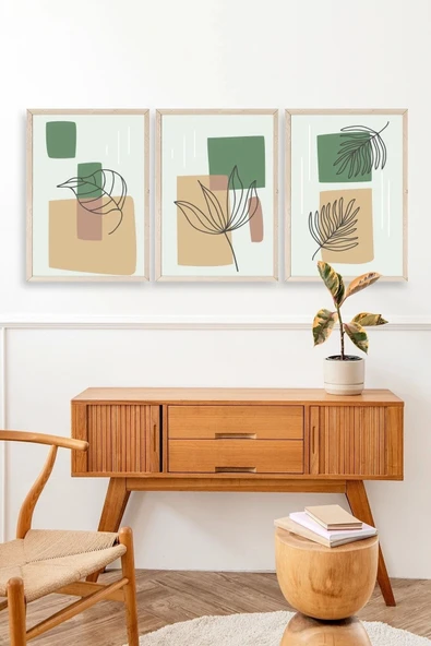 Çiçek Desenli Üçlü Ahşap Çerçeveli Tablo 23 x 30 - Resim 3