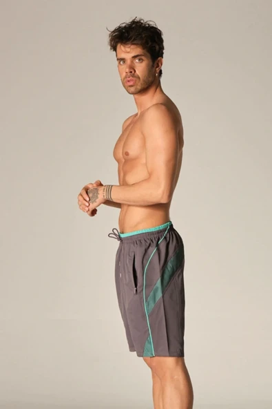 Erkek Deniz Şortu Fermuar Cepli Polyester Su Yitici Özellik Tahriş Etmeyen Astarlı Antrasit K-151 - Resim 3