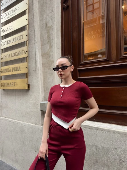 Düğme yakalı bordo alt üst takım s3943 - Resim 7