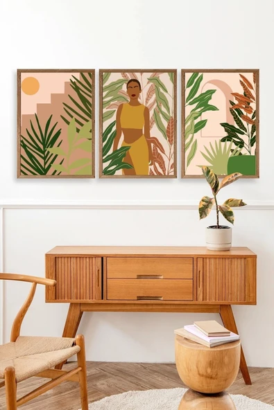 Düşündüren Çiçekli Üçlü Ahşap Çerçeveli Tablo 50 x 70 - Resim 3