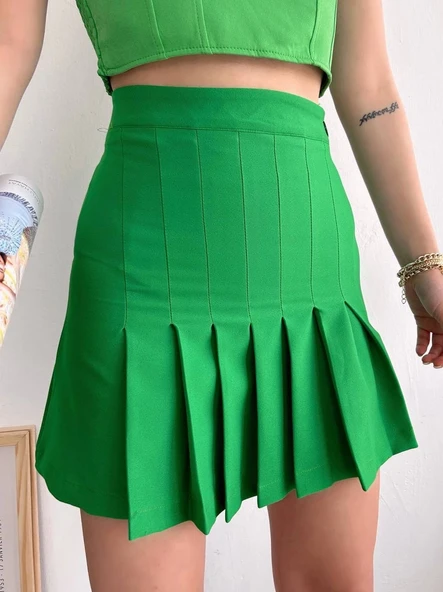 Pileli düğmeli etek açık yeşil s24811 ürün görseli 1