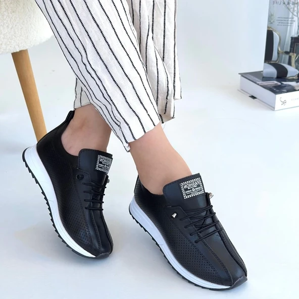 Fiert Siyah Cilt Bağcıklı Spor Ayakkabı - Resim 4