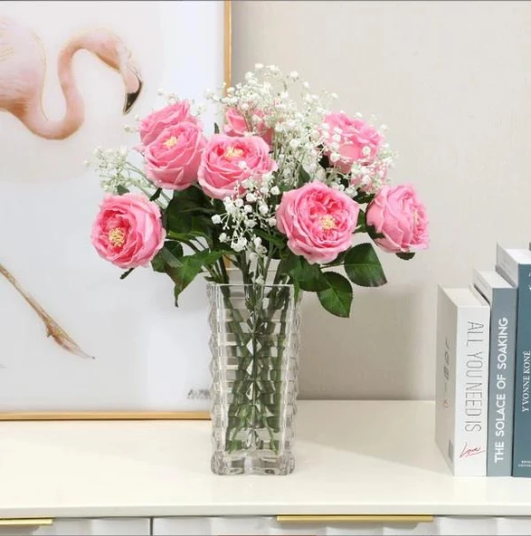 Yapay Çiçek Islak Gül Şakayık Katmerli Gül PEMBE Renk Gerçeksi Dokunuş 45Cm - Resim 3