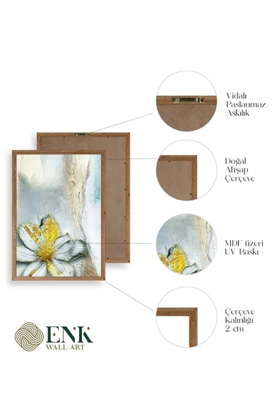 Çiçek Desenli Üçlü Ahşap Çerçeveli Tablo 17 x 23 - Resim 4
