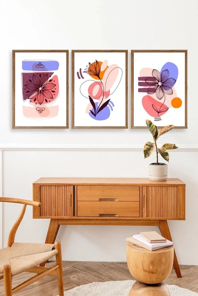 Çiçek Desenli Üçlü Ahşap Çerçeveli Tablo 30 x 42 - Resim 3