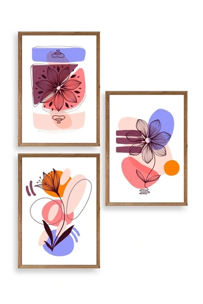 Çiçek Desenli Üçlü Ahşap Çerçeveli Tablo 17 x 23 ürün görseli 1