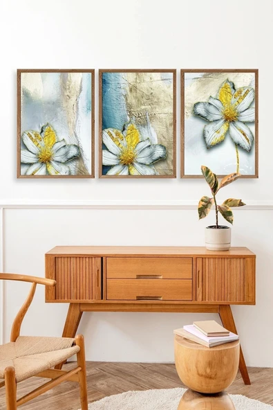 Çiçek Desenli Üçlü Ahşap Çerçeveli Tablo 17 x 23 - Resim 3