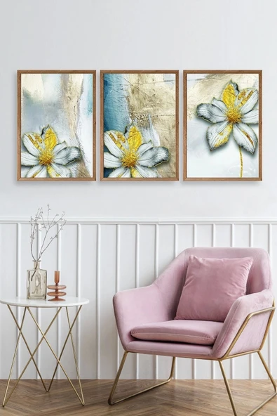 Çiçek Desenli Üçlü Ahşap Çerçeveli Tablo 17 x 23 - Resim 2