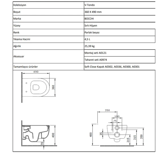 BOCCHI V-Tondo Rimless Kanalsız Asma Klozet, Kısa, Parlak Burgonya Bordosu 1417-072-0128 - Resim 2