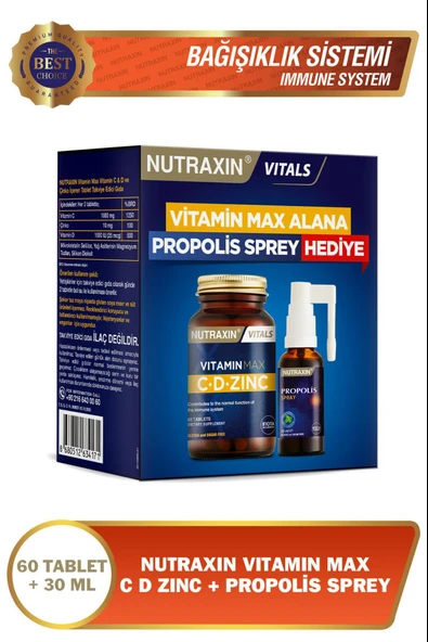 Nutraxin Vitamin Max C + D Zinc 60 Tablet - Propolis Spray Hediye ürün görseli 1