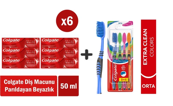 Colgate Optic White Parıldayan Beyazlık 50 ml x 6 Adet + Extra Clean Colors Diş Fırçası 3+1 ürün görseli 1