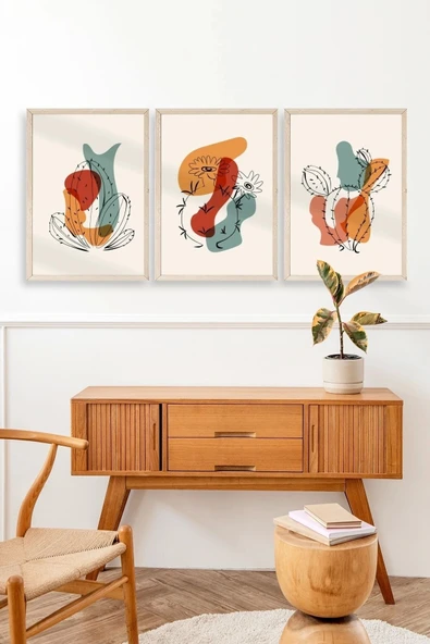 Düşündüren Şekiller Üçlü Ahşap Çerçeveli Tablo 50 x 70 - Resim 3