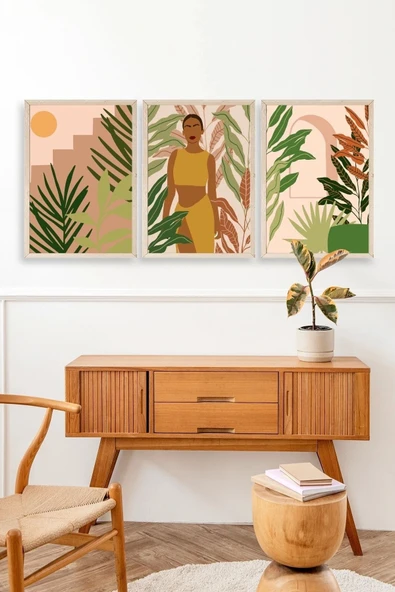 Düşündüren Çiçekli Üçlü Ahşap Çerçeveli Tablo 50 x 70 - Resim 3