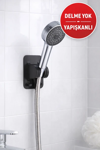 Yapışkanlı Duş Başlığı Tutucu Ayarlı – Delmeden Duvara Monte Siyah Duş Askısı ürün görseli 1