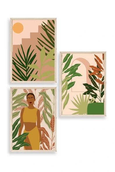 Düşündüren Çiçekli Üçlü Ahşap Çerçeveli Tablo 17 x 23 ürün görseli 1