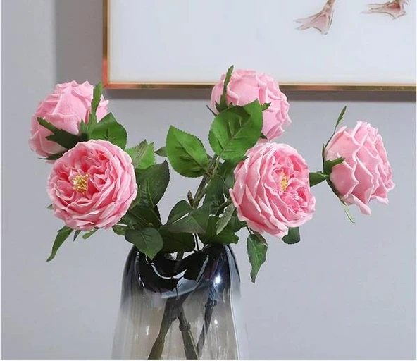 Yapay Çiçek Islak Gül Şakayık Katmerli Gül PEMBE Renk Gerçeksi Dokunuş 45Cm - Resim 4