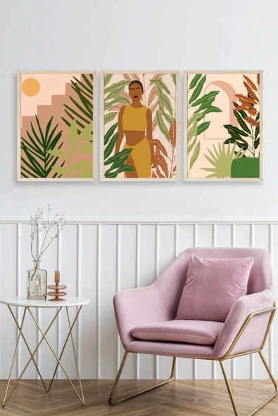 Düşündüren Çiçekli Üçlü Ahşap Çerçeveli Tablo 50 x 70 - Resim 2