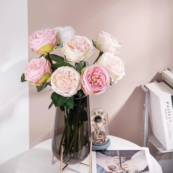 Yapay Çiçek Islak Gül Şakayık Katmerli Gül SOFT PEMBE Renk Gerçeksi Dokunuş 45Cm - Resim 4